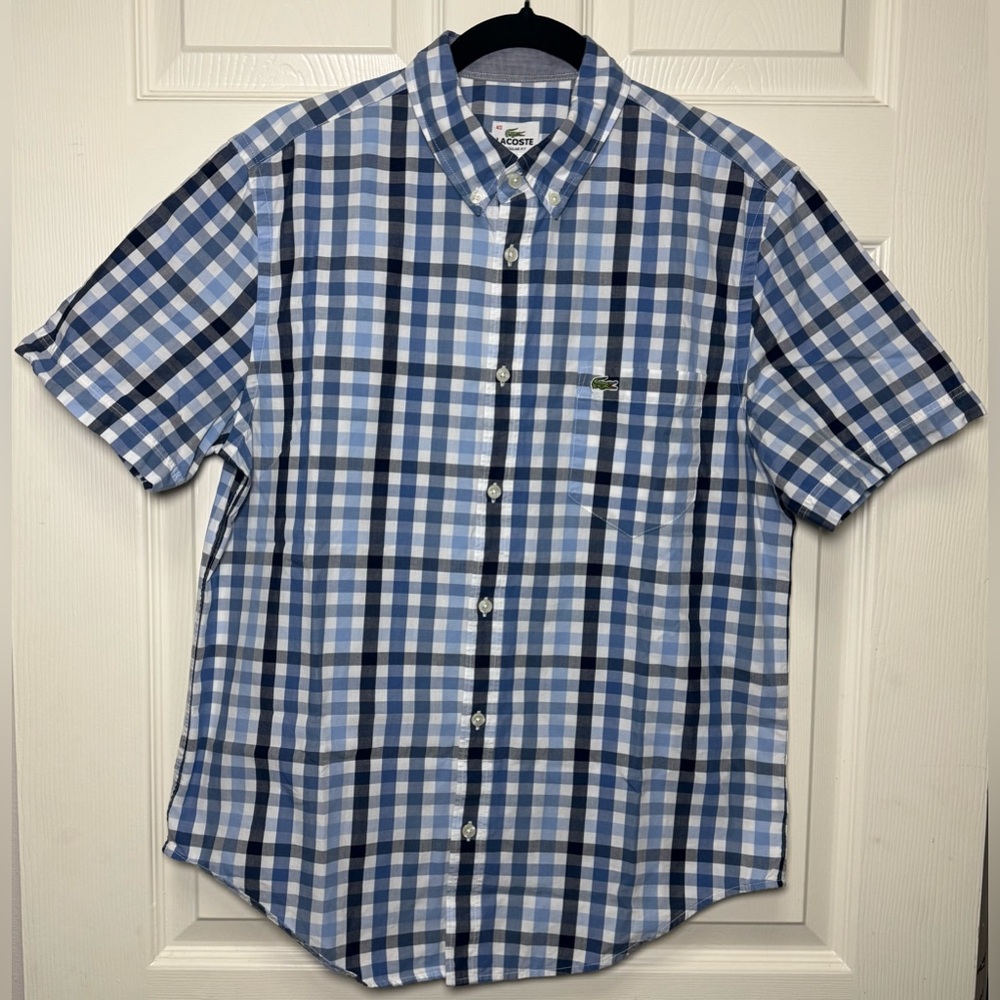 Lacoste Men's Blue and White Checkered Button Down Shirt